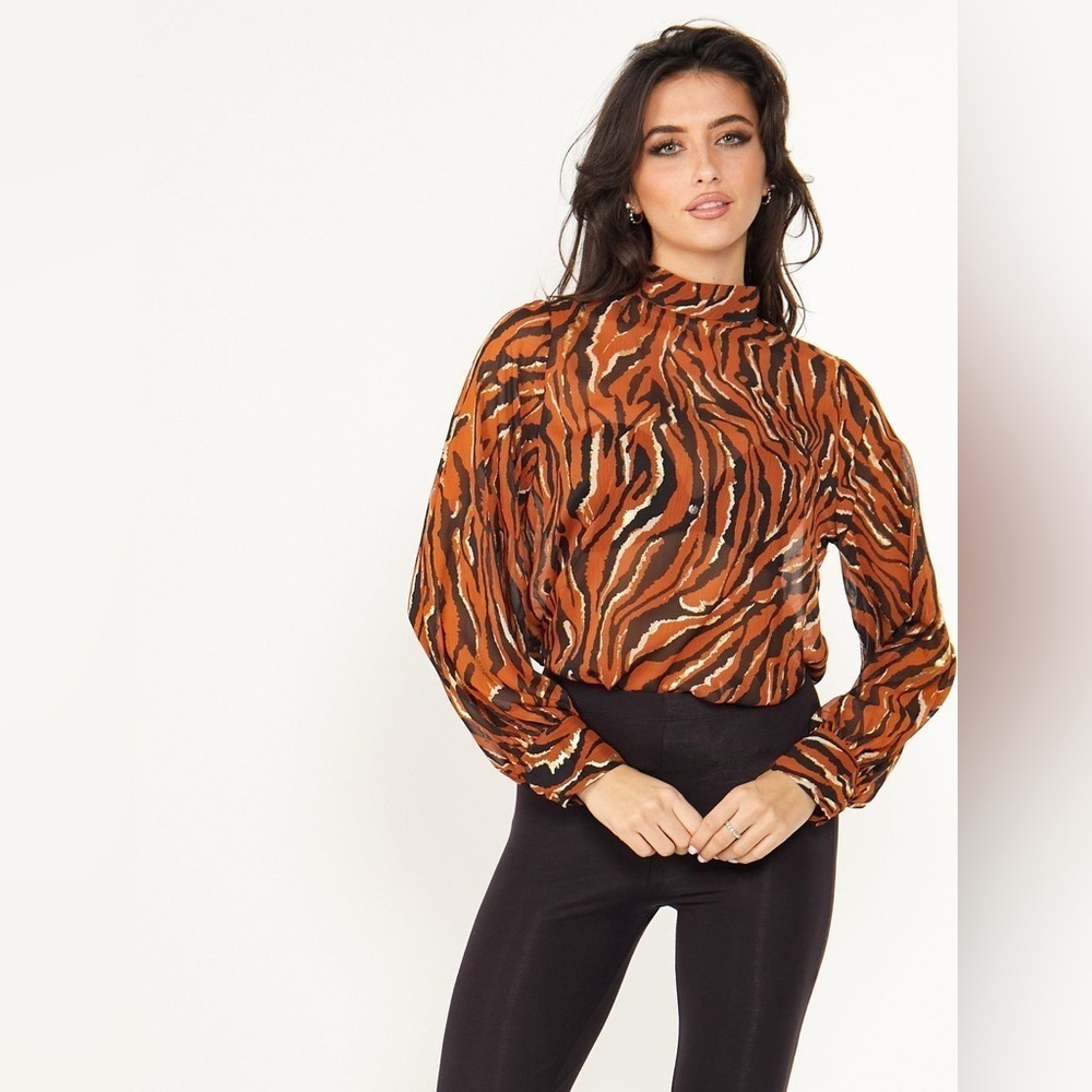 Angeleye Zebra Print High Neck Chiffon Blouse
